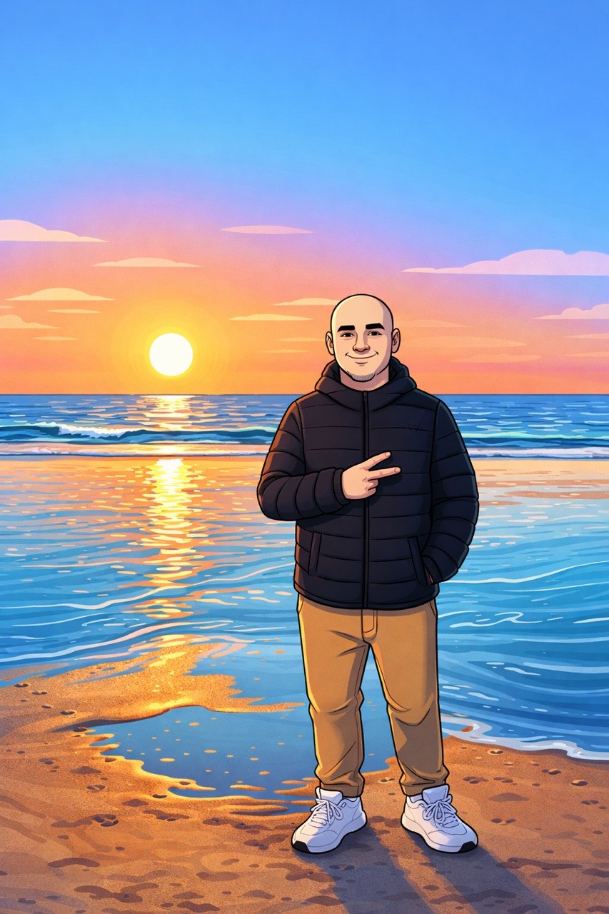Illustrated portrait of Slava on a beach at sunset